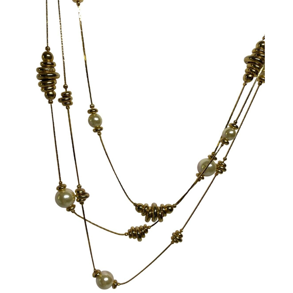 Vintage 70s Multi Strand Faux Pearl Gold Tone Bangle Beads Multi Chain Necklace - Picture 3 of 5
